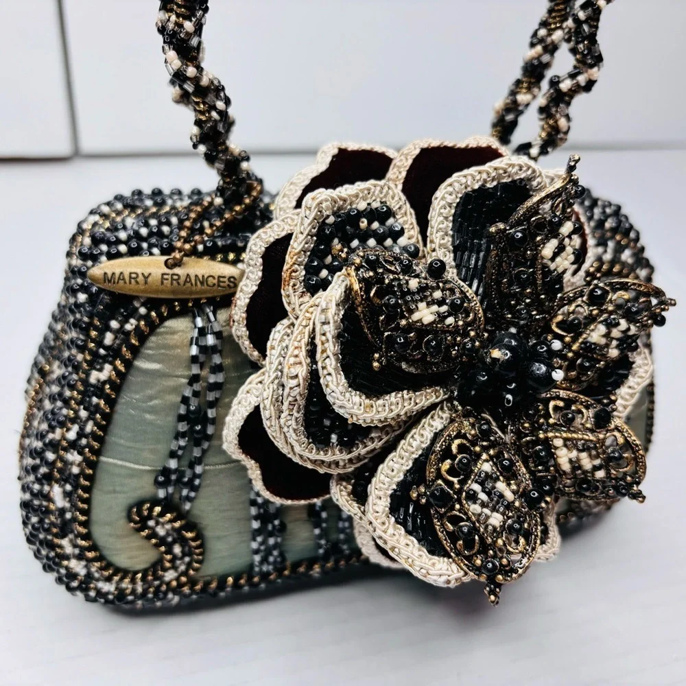 MARY FRANCES Dark Multi-Toned Vintage Beaded Floral Clutch